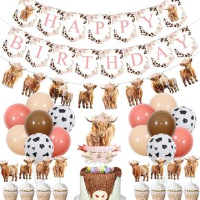 Highland Cow Birthday Decorations Girl, Boho Retro Floral Highland Cow Party Supplies - Happy Birthday Banner, Highland Cattle Garland, Cake Toppers, Balloons for Farm Animal Holy Cow Party Decor
