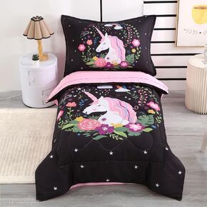 Wowelife Unicorn Toddler Bedding Set, Premium 4 Piece Toddler Bedding Sets for Girls, Rainbow Flower Bed-in-a-Bag, Super Soft and Comfortable for Kids