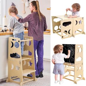 Toddler Kitchen Stool Helper Tower, 4 in 1 Learning Tower Collapsible Kids Step Stool for Bathroom, Child Standing Tower for Toddlers 1-3 with Chalkboard & Safety Rail, Montessori Weaning Table