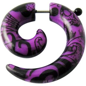 Black Tribal Tattoo Pattern on Purple Acrylic Spiral with Surgical Steel Fake Gauge Ear Plugs - Sold by Piece