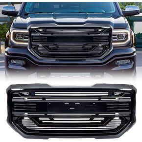 AMERICAN MODIFIED Armor Grille with Emblem Base Compatible with 2016 to 2018 GMC Sierra 1500 SLT, Base, SLE, and Denali Models, Glossy Black
