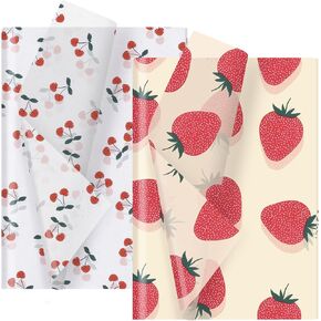 Strawberry & Cherry Print Tissue Paper - 20 Sheets Wrapping Paper for Gift Decoration, Arts & Crafts - Fruit Patterns Large Tissue Paper for Birthdays, Showers, Weddings, 19.7 x 27.6 Inches