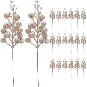 LUOZZY 20pcs Christmas Glitter Berries Stems Artificial Champagne Xmas Glitter Berries Picks Branches for Xmas Tree DIY Wreath
