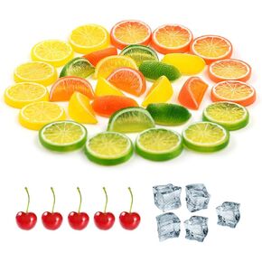 40Pcs Artificial Lemon Slices Blocks, 15Pcs Simulation Lime Slice 15Pcs Fake Lemon Block 5Pcs Fake Ice Cube 5Pcs False Cherry,Fake Fruit Model Decoration