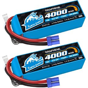 Yowoo 6S Lipo Battery 4000mAh 22.2V 150C Graphene Lipo Battery with EC5 Connector for Goblin Align Gaui RC Airplane Helicopter RC Car Truck Tank Drone Racing Hobby (2 Pack)