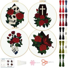 BEUNITONE 4 Set Skull Embroidery kit for Beginners Flower Cross Stitch Starter Kits Halloween Skull with Flowers DIY Needlepoint Kit for Adults with Instruction Rose Skull Cross Stitch Kits for Gifts
