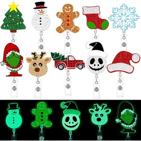 Yeaqee 10 Pcs Christmas Badge Reels Glow in The Dark Retractable Christmas Nurse Badge Reels Cute Christmas Badge Holders Luminous Badge Holder with Alligator Clip for Students Nurses Teachers Office