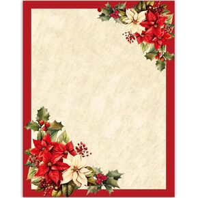 60 Sheet Christmas Stationery Paper Vintage Red Xmas Poinsettia Letterhead Letter Writing Paper for Greeting Card Invitation Office Printing, 8.5 x 11 Inch, Single-Sided