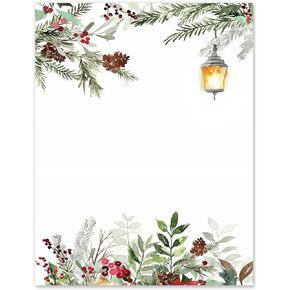 AnyDesign 80Pcs Christmas Stationery Letterhead Paper Watercolor Plants Lantern Writing Paper Greenery Border Greeting Letter Paper for Xmas Cards Invitation Office School Printing, 8.5 x 11 Inch