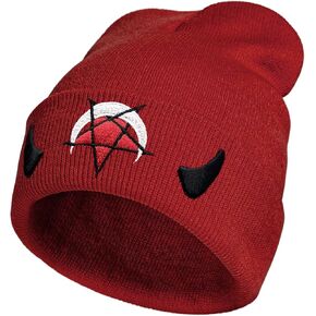 Spooky Horror Devil Horned Embroidery Beanie Knit Hat for Men Women, Casual Skull Knit Cap