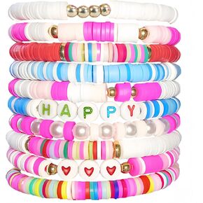 10 Pcs Girls Accessories Preppy Bracelets Set Happy Smiley Face Polymer Clay Gifts for Woman Colorful Jewelry Bracelet Stacks