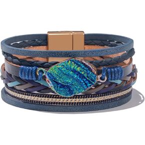 FANCY SHINY Braided Leather Bangle Bracelets Boho Resin Stone Wrap Bracelets Stackable Cuff Bracelets with Magnetic Clasp for Women