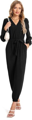 Jumpsuits for Women Casual Fall Elegant Long Sleeve Deep V Neck Loose Belt With Pockets One Piece Outfits in Saudi Arabia