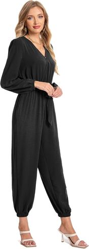Jumpsuits for Women Casual Fall Elegant Long Sleeve Deep V Neck Loose Belt With Pockets One Piece Outfits in Saudi Arabia