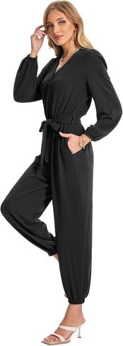 Jumpsuits for Women Casual Fall Elegant Long Sleeve Deep V Neck Loose Belt With Pockets One Piece Outfits in Saudi Arabia