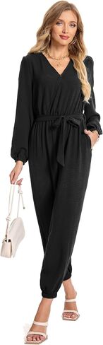 Jumpsuits for Women Casual Fall Elegant Long Sleeve Deep V Neck Loose Belt With Pockets One Piece Outfits in Saudi Arabia