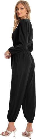 Jumpsuits for Women Casual Fall Elegant Long Sleeve Deep V Neck Loose Belt With Pockets One Piece Outfits in Saudi Arabia