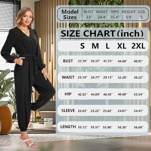 Jumpsuits for Women Casual Fall Elegant Long Sleeve Deep V Neck Loose Belt With Pockets One Piece Outfits in Saudi Arabia
