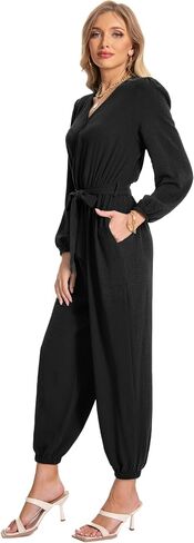 Jumpsuits for Women Casual Fall Elegant Long Sleeve Deep V Neck Loose Belt With Pockets One Piece Outfits in Saudi Arabia