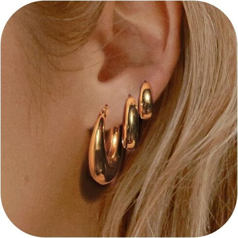 3 أزواج من أقراط هوجي هوب، 14 قيراط مطلية بالذهب من الفضة الإسترليني أقراط دائرية مكتنزة للنساء، حلقات ذهبية عصرية سميكة وخفيفة الوزن in Kuwait