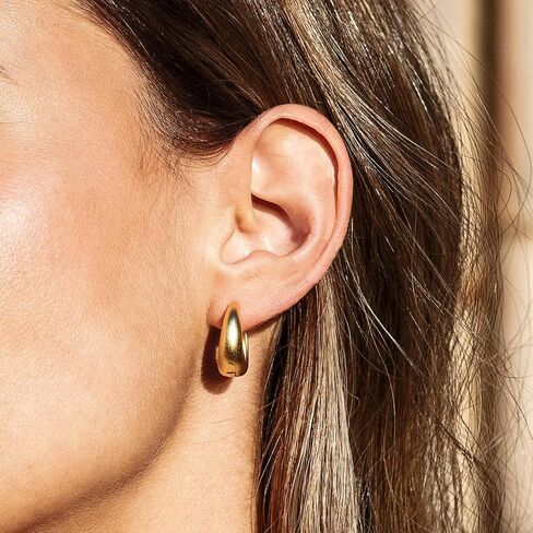 3 أزواج من أقراط هوجي هوب، 14 قيراط مطلية بالذهب من الفضة الإسترليني أقراط دائرية مكتنزة للنساء، حلقات ذهبية عصرية سميكة وخفيفة الوزن in Kuwait