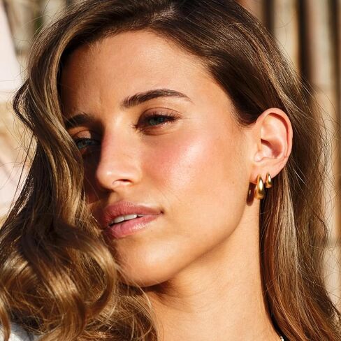 3 أزواج من أقراط هوجي هوب، 14 قيراط مطلية بالذهب من الفضة الإسترليني أقراط دائرية مكتنزة للنساء، حلقات ذهبية عصرية سميكة وخفيفة الوزن in Kuwait