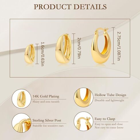 3 أزواج من أقراط هوجي هوب، 14 قيراط مطلية بالذهب من الفضة الإسترليني أقراط دائرية مكتنزة للنساء، حلقات ذهبية عصرية سميكة وخفيفة الوزن in Kuwait