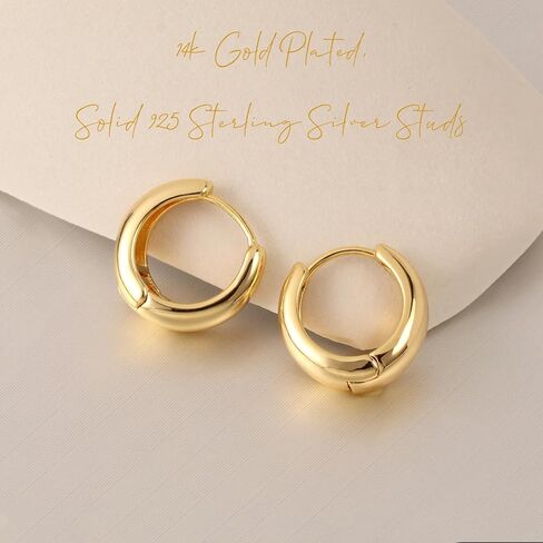 3 أزواج من أقراط هوجي هوب، 14 قيراط مطلية بالذهب من الفضة الإسترليني أقراط دائرية مكتنزة للنساء، حلقات ذهبية عصرية سميكة وخفيفة الوزن in Kuwait