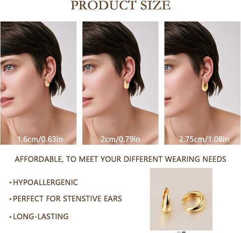 3 أزواج من أقراط هوجي هوب، 14 قيراط مطلية بالذهب من الفضة الإسترليني أقراط دائرية مكتنزة للنساء، حلقات ذهبية عصرية سميكة وخفيفة الوزن in Kuwait