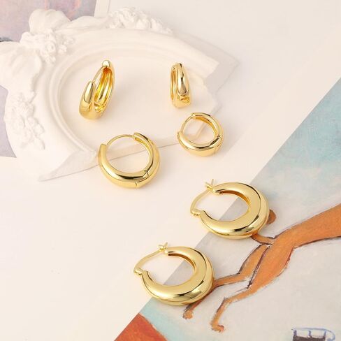 3 أزواج من أقراط هوجي هوب، 14 قيراط مطلية بالذهب من الفضة الإسترليني أقراط دائرية مكتنزة للنساء، حلقات ذهبية عصرية سميكة وخفيفة الوزن in Kuwait