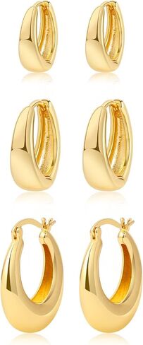 3 أزواج من أقراط هوجي هوب، 14 قيراط مطلية بالذهب من الفضة الإسترليني أقراط دائرية مكتنزة للنساء، حلقات ذهبية عصرية سميكة وخفيفة الوزن in Kuwait