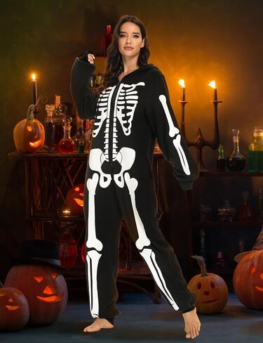 Skeleton Costume Adult Women Onesie Halloween Pajamas Plus Size Cozy Jumpsuit Outfit for Girl Cosplay Party in Saudi Arabia