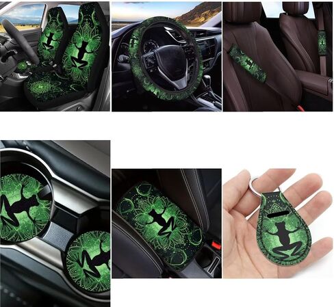 مجموعة كاملة من أغطية مقاعد السيارة المطبوعة من Boho Frog للنساء والرجال، غطاء عجلة القيادة من النيوبرين وحزام الأمان الأمامي والخلفي ومسند الظهر السفلي يناسب معظم المركبات، سهل التركيب، أخضر in Saudi Arabia