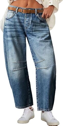 Flamingals Barrel Jeans Wide Leg Jeans for Women Mid Waist Crop Jeans Baggy Jeans Causal Denim Pants in Saudi Arabia