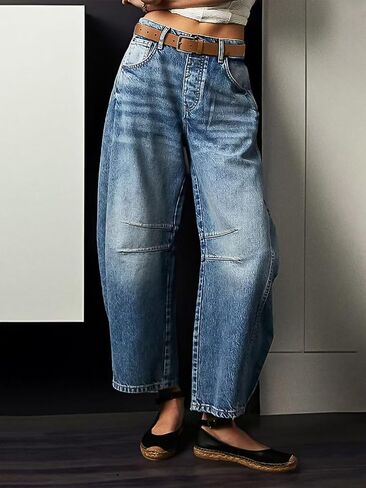 Flamingals Barrel Jeans Wide Leg Jeans for Women Mid Waist Crop Jeans Baggy Jeans Causal Denim Pants in Saudi Arabia