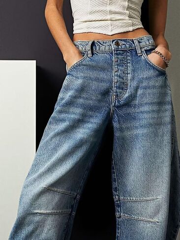 Flamingals Barrel Jeans Wide Leg Jeans for Women Mid Waist Crop Jeans Baggy Jeans Causal Denim Pants in Saudi Arabia