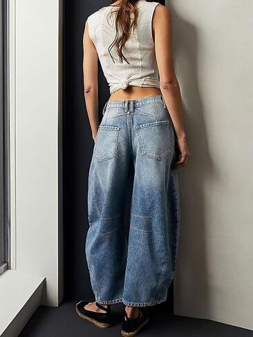 Flamingals Barrel Jeans Wide Leg Jeans for Women Mid Waist Crop Jeans Baggy Jeans Causal Denim Pants in Saudi Arabia