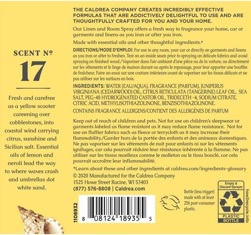 Caldrea Linen & Room Spray Air Freshener, Made with Essential Oils, Plant-Derived & Other Thoughtfully Chosen Ingredients Transparent, Sea Salt Neroli Scent, 16 Fl Oz in Saudi Arabia
