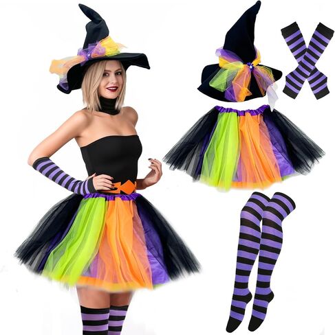 2024 Halloween Adult Witch Tutu Costume for Women, Simple Pumpkin Velvet Witch Hat Striped Socks & Accessory Kits in Saudi Arabia