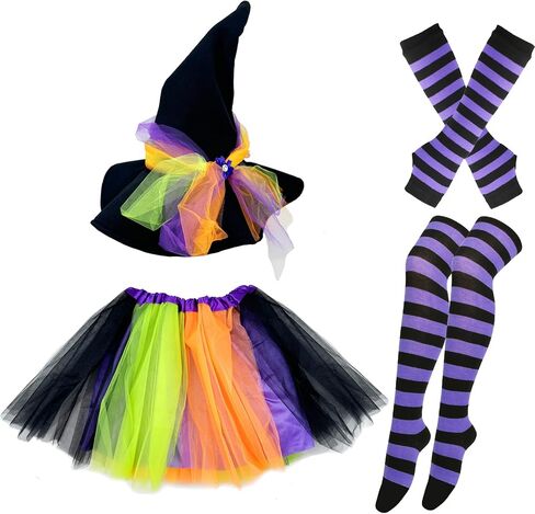 2024 Halloween Adult Witch Tutu Costume for Women, Simple Pumpkin Velvet Witch Hat Striped Socks & Accessory Kits in Saudi Arabia