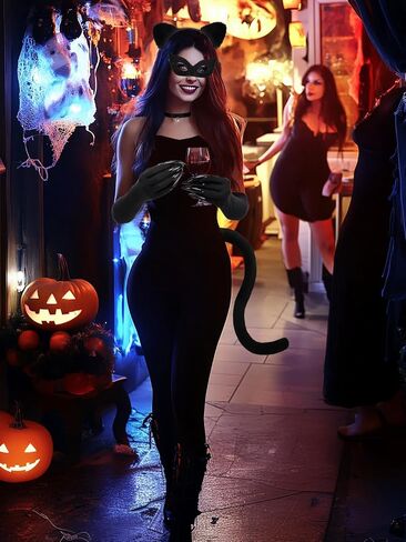 Halloween Cat Costume Accessories for Women - 5 Pcs Cute Black Mask Ears Tail Set, Cat Claw Gloves with Strong Long Nai for Adults Party Masquerade Cosplay in Kuwait