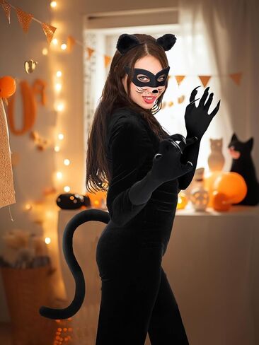 Halloween Cat Costume Accessories for Women - 5 Pcs Cute Black Mask Ears Tail Set, Cat Claw Gloves with Strong Long Nai for Adults Party Masquerade Cosplay in Kuwait