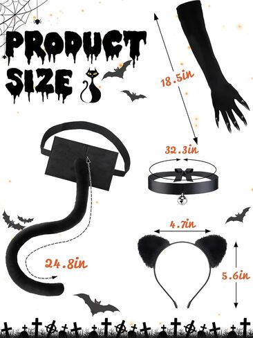 Halloween Cat Costume Accessories for Women - 5 Pcs Cute Black Mask Ears Tail Set, Cat Claw Gloves with Strong Long Nai for Adults Party Masquerade Cosplay in Kuwait