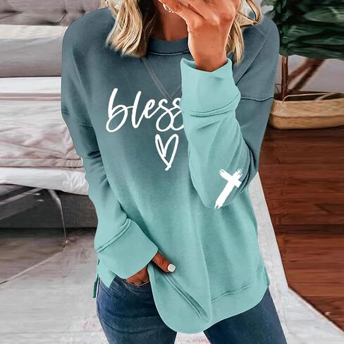 Womens Print Shirt Ladies Lightweight Long Sleeve Crewneck Color Block Faith Tie Dye Sweatshirt Loose Tops in Saudi Arabia