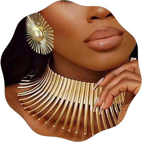 Wosois المختنق قلادة الأقراط مجموعة الذهب زهرة الأفريقية مريلة القبلية مكتنزة المختنقون قابل للتعديل بيان طوق القلائد سبيكة شوكة الأزياء والمجوهرات اكسسوارات للنساء in Kuwait