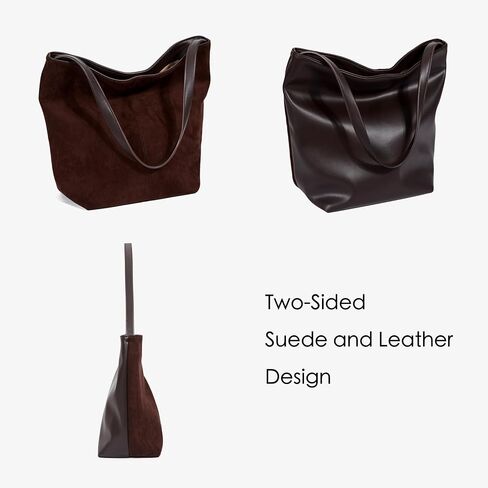 Women's Two-Sided Suede and Leather Tote Bag, Dual Material Bucket Shoulder Slouchy Hobo Handbag in Saudi Arabia