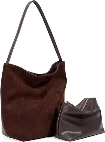 Women's Two-Sided Suede and Leather Tote Bag, Dual Material Bucket Shoulder Slouchy Hobo Handbag in Saudi Arabia