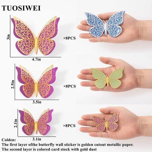 tuosiwei 3d فراشة جدار ديكور 24 جهاز كمبيوتر شخصى فراشة زينة طبقات مزدوجة ملصقات الحائط 3 أحجام، زخارف فراشة لزينة عيد ميلاد فراشة زينة حزب زينة الكعكة، ملصقات الحائط القابلة للإزالة ديكور غرفة للأطفال الحضانة ج in Saudi Arabia