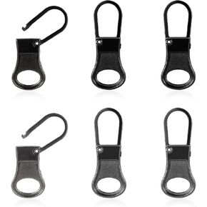 6pcs Zipper Pull Replacement, Detachable Zipper Tab Zipper Pullers Repair Handle Metal Pull Cord Extender Zip Head Mend Fixer for Clothing Backpack Jackets Pants Boots Luggage (Black, Dark Gray)