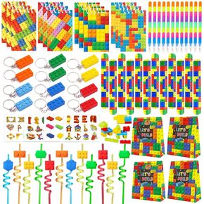 Bluegogo 96 Pcs Building Block Birthday Party Favors for Kids Include Mini Notebook Pens Straws Keychains Erasers Wristbands Stickers Bags for Building Blocks Birthday Party Supplies